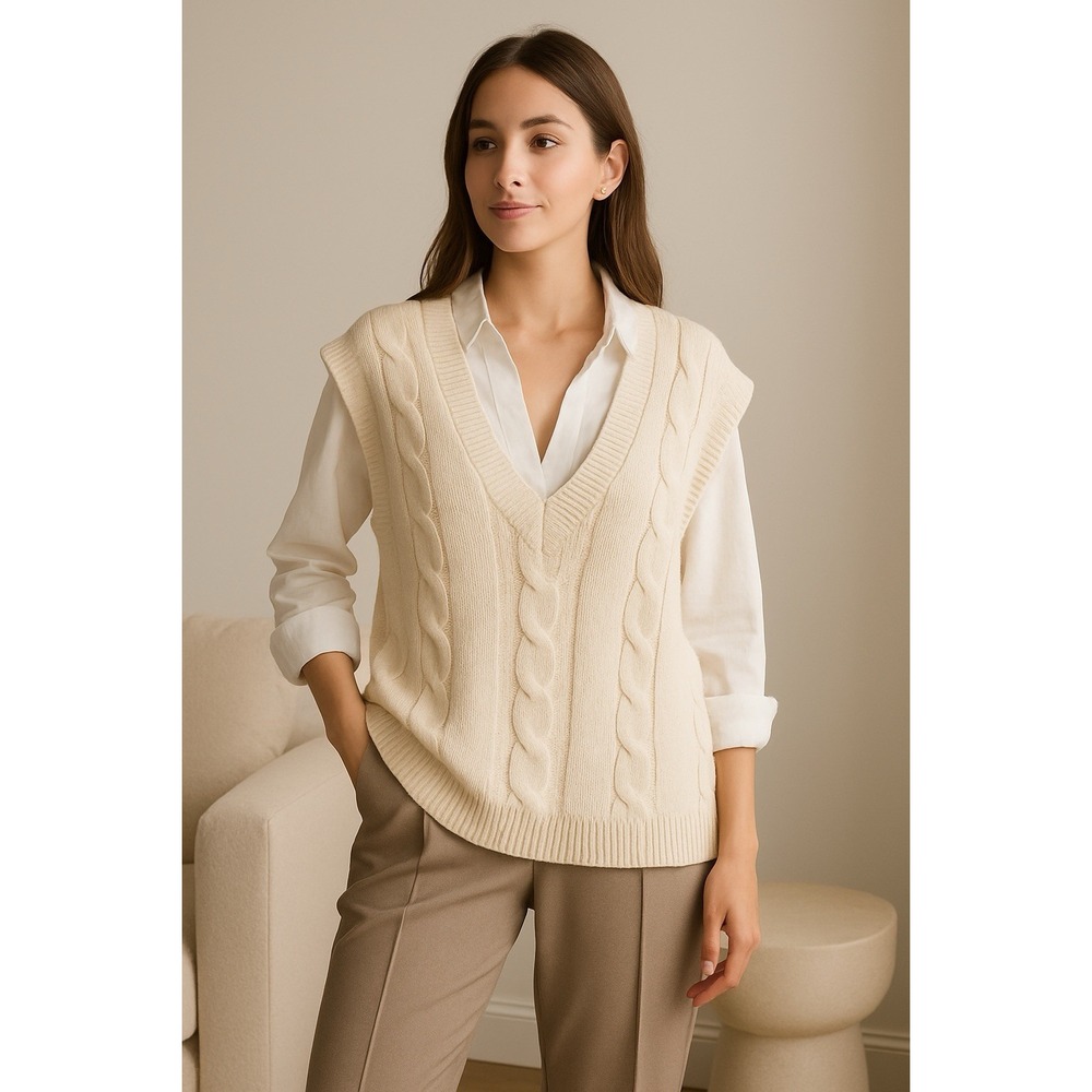 Kendall Kylie Sweater Vest Women S Cream Cable Knit Deep V Indie Sleaze Oversize
